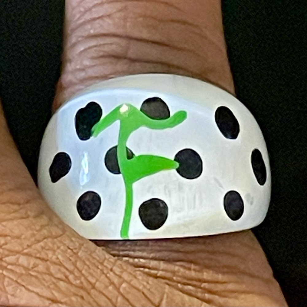 White and Black Polka Dot Resin Ring with Green Sprout Design. Size 6 1/2